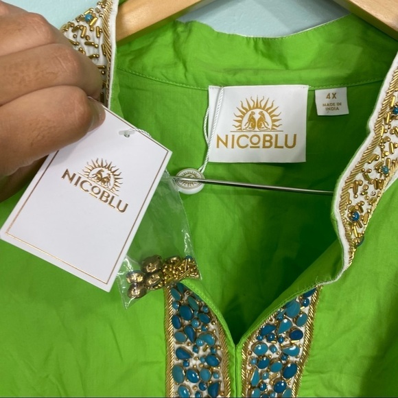 Nicoblu Madison Tunic in Lime Green Embellished in Gold & Semiprecious Stones 4X - Picture 4 of 8